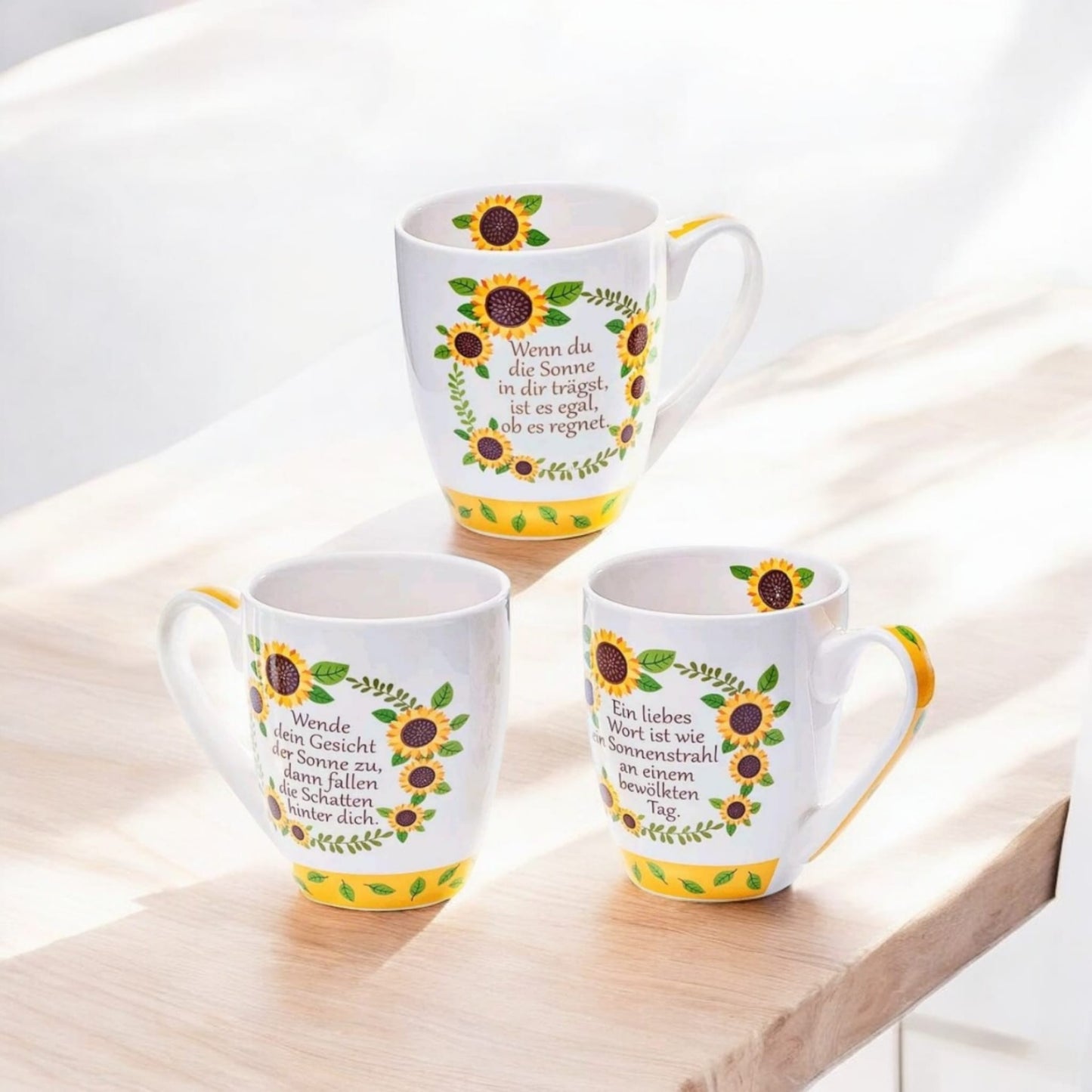 Tassen Sonnenblumen aufmunternden Sprüchen je 400 ml Porzellan 3er Set
