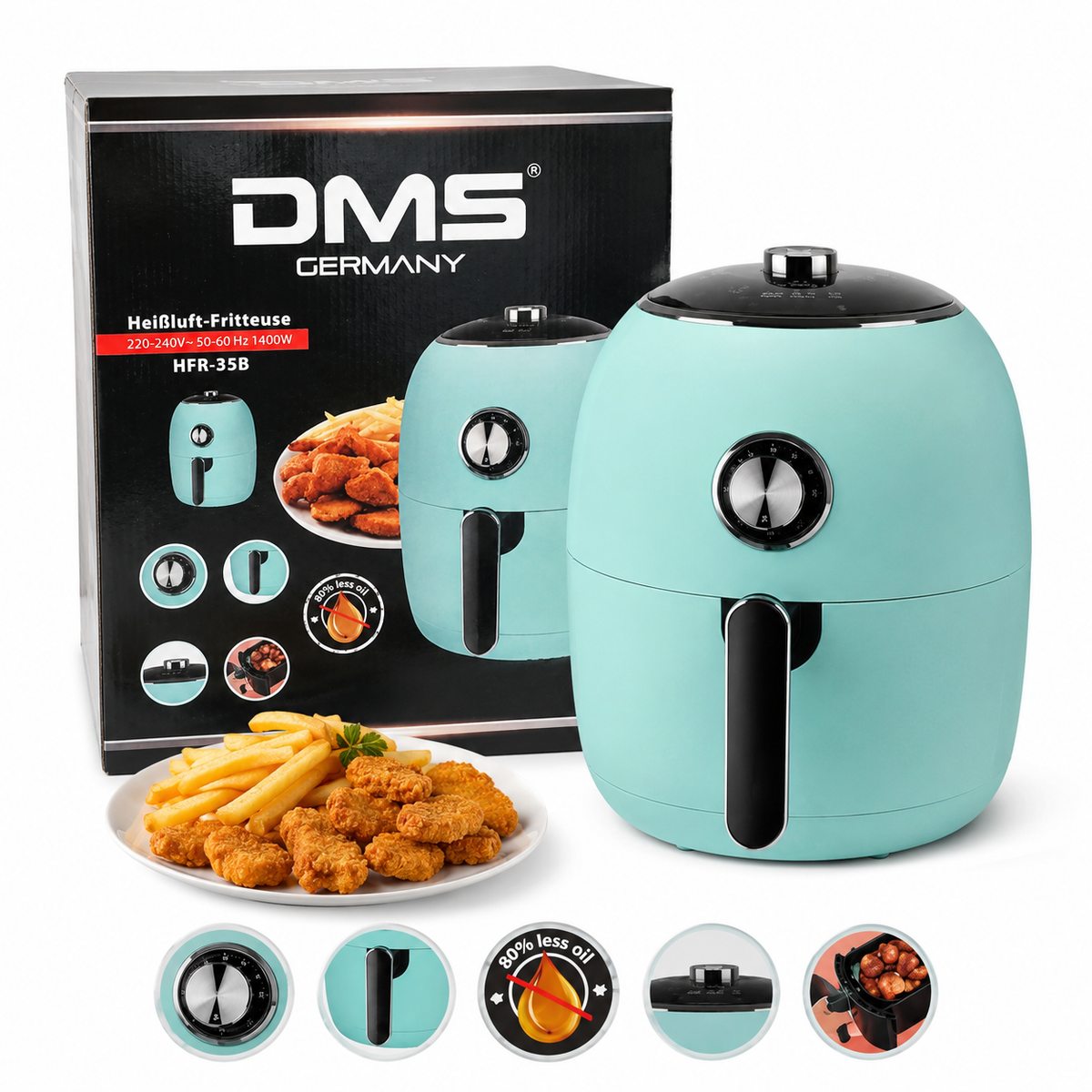 ✨ DMS Retro Heißluftfritteuse HFR-35B ✨ 3,5 Liter | 1400 Watt | Blau