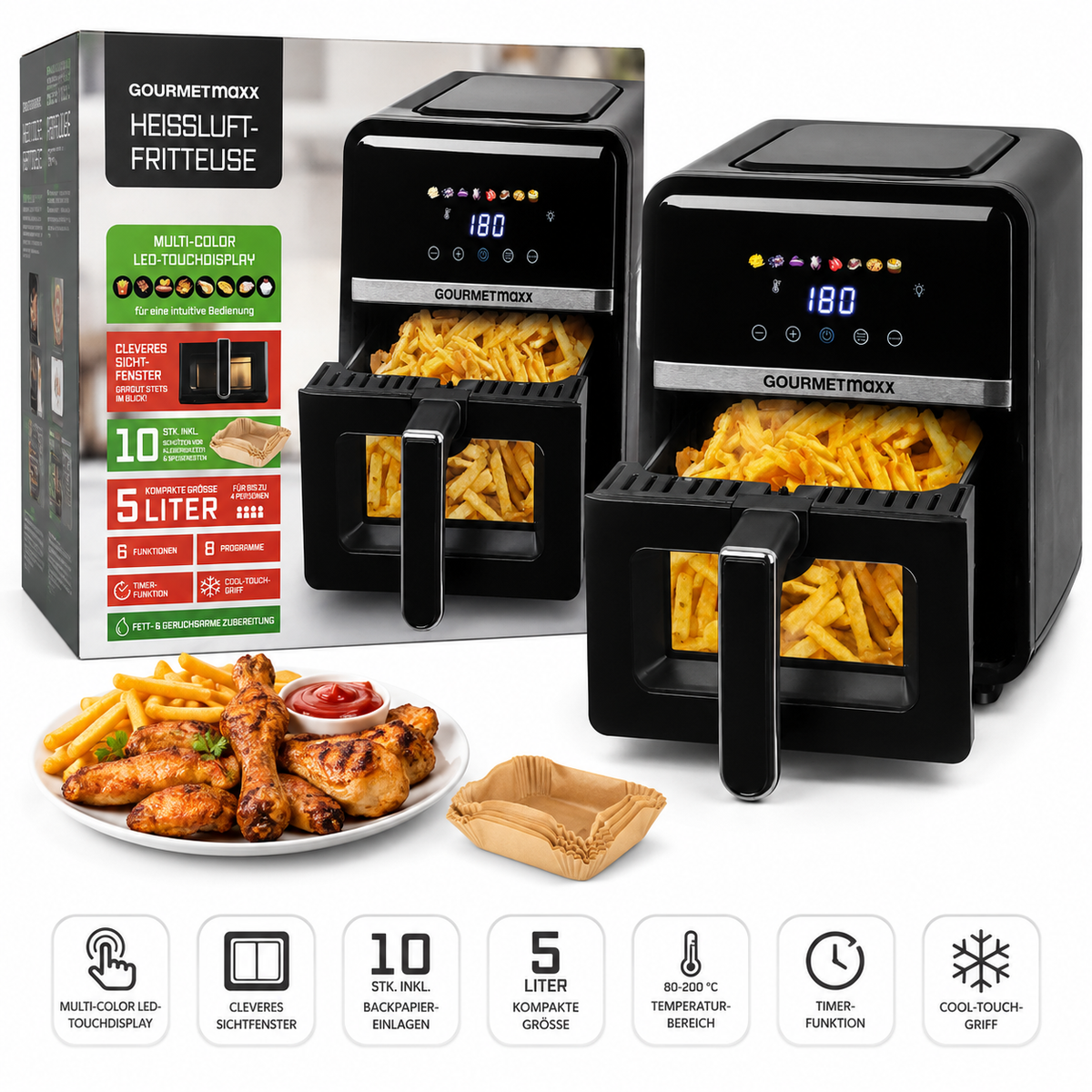 GOURMETmaxx Heißluft Fritteuse 5L Airfryer mit Sichtfenster Touchdisplay 1400W