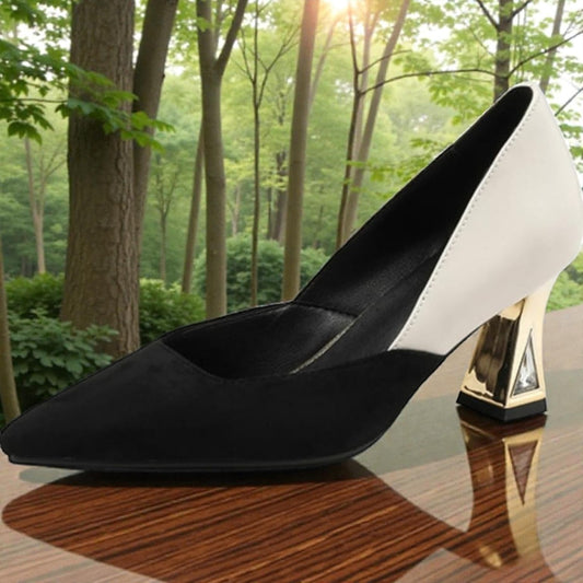 Damen Spitze Zehen Pumps Schwarz Und Weiß Farbblock-Stil Gold Größe 39